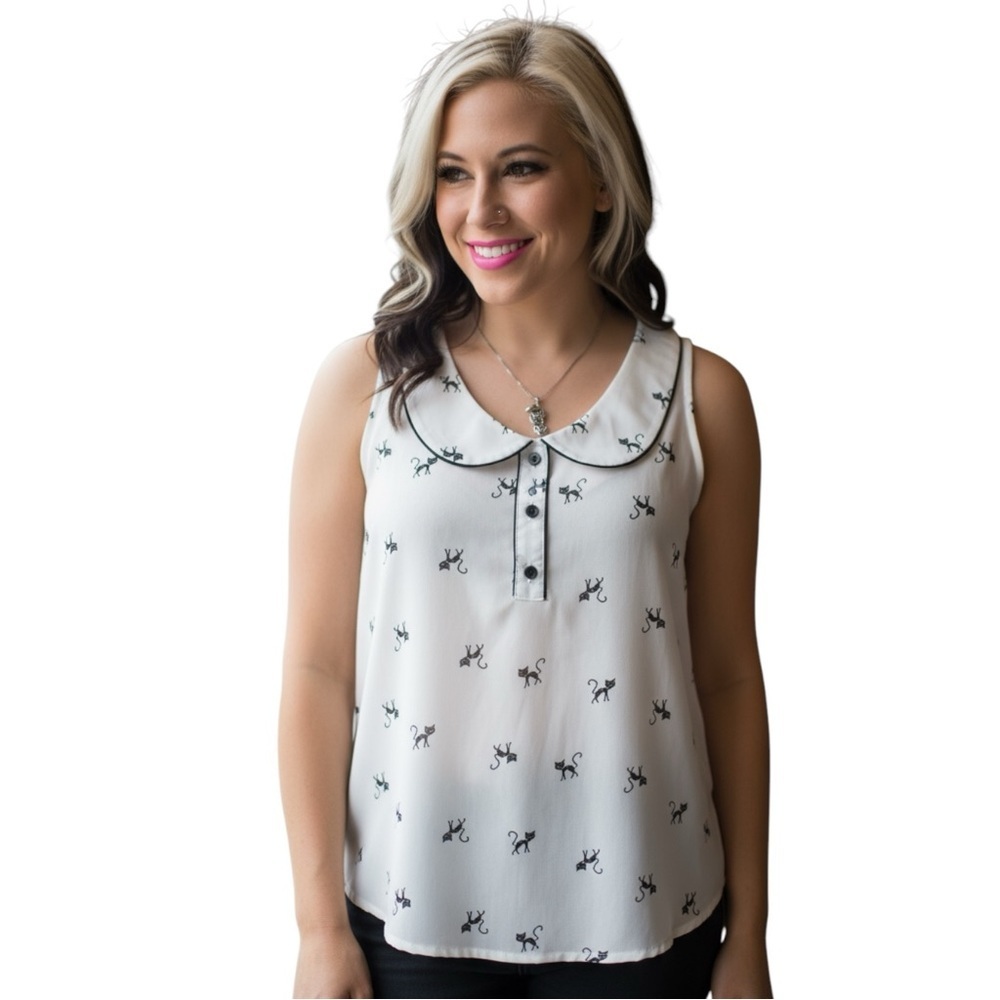 American Rag White Top with Black Cat Print NWT S